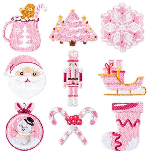 9 Pcs Pink Christmas Iron on Patches Cute Nutcracker Santa Claus Sew on Repair Embroidered Applique Merry Xmas Winter Holiday New Year Eve Seasonal DIY Crafts Gift for Costume Clothing Backpack Hat