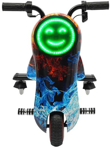 Donened - Elektro Driftscooter, 360° Elektro Roller Dreirad für Kinder, 180W Elektromotor, Veränderbare Farben und Ausdrücke, 3 Geschwindigkeitsstufen, für Kinder 110,23 lbs wiegen (Blau + Orange)