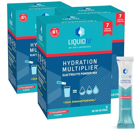 Liquid I.V. Hydration Sachets | Strawberry | Electrolyte Powder Mix | 3 Pack (48 Sticks) | 7 Vitamins and Minerals | Vegan