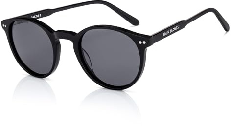 John Jacobs Hochwertige, stilvolle runde Sonnenbrille | UV geschützt | Acetatlinien | Polarisiert und 100% UV geschützt | Damen und Herren | M |, Schwarz , M