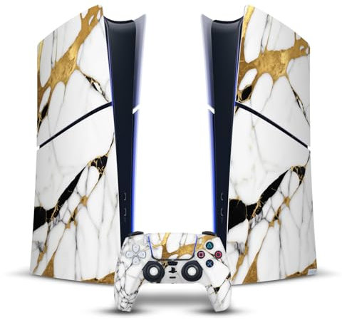Head Case Designs Blanc, Doré Et Noir Marbre Vinyle Autocollant De Jeu Peau Autocollant Couverture Compatible avec Sony Playstation 5 PS5 Slim Digital Edition Console & DualSense Controller