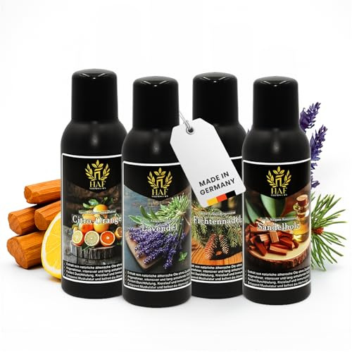 HAF Saunaaufguss Set „Zarte Sinne“ - 4 x 250ml Sauna Aufgussmittel Citro-Orange, Fichtennadel, Lavendel, Sandelholz - Saunaduft mit natürlichen ätherischen Ölen & ohne Zusätze