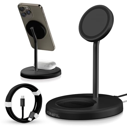 ANFIL® Ladestation 2-in-1 für iPhone 12-17 Serie - Kompatibel mit MagSafe, 15W Wireless Charger - Ladegerät für iPhone, für AirPods - Magnetisch, Kompakt, Sicher & Platzsparend, mit USB C (Schwarz)