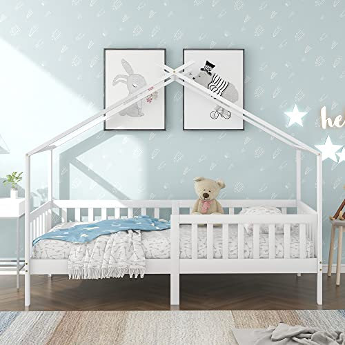 boorbin Schönes Hausbett, Kinderbett Massivholz mit Zaun und Lattenrost, Kinder- und Jugendzimmer mit Absturzsicherung, weiß (200x90 cm)