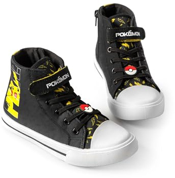 Pokémon Pikachu High-Top-Sneaker für Jungen mit Klettverschluss | Pika Kinder Schwarz Gelb Lightning Bolt Schuhe | Pokeball Merchandise Pokemon Merch | Zurück zum Schulschuh