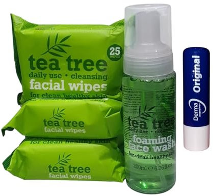 Tea Tree Daily Use Cleansing Facial Wipes 75+Foaming Face Wash 200ML,4pcs Set With Free Orignial Lip Balm