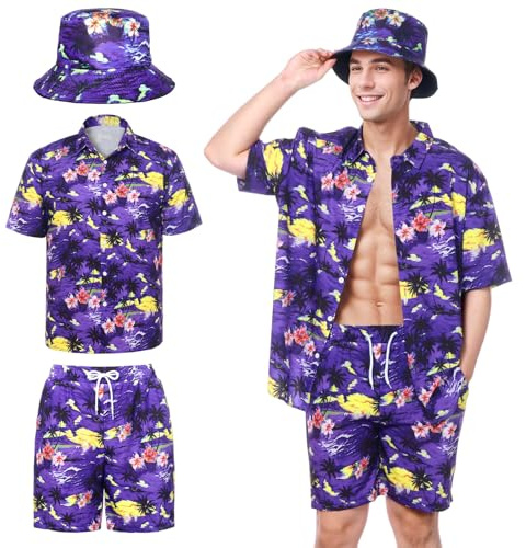 Angenster Hawaii Hemd Männer,3Pcs Herren Hawaiihemd mit Fischerhut Casual Freizeit Flamingo-Blumenmuster Kurzarmhemd