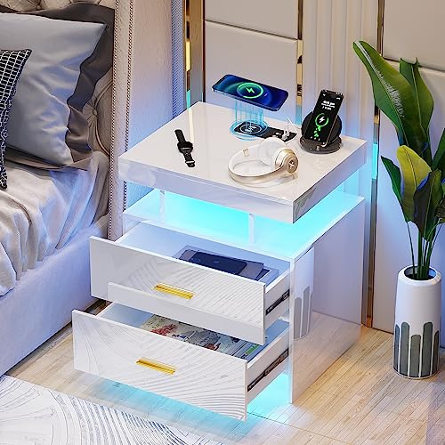 Gurexl Smart Nachttisch,Beistelltisch mit Ladefunktion und LED,schubladenschrank mit 24-farbigen RGB-Lichtern,kommode mit Glasplatte,Nachtkommode mit 1 offene Fächer, für Schlafzimmer，weiß