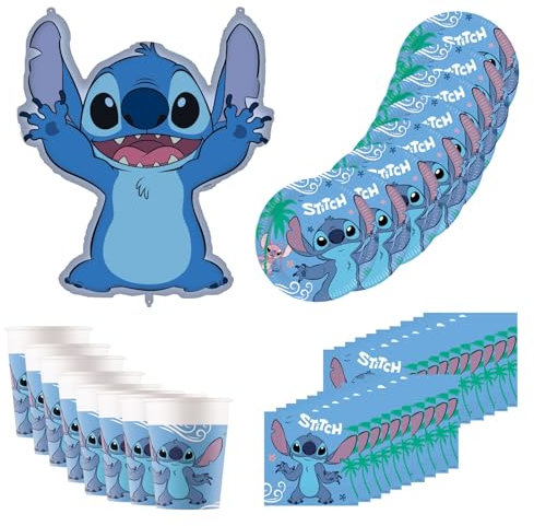 Procos - Vajilla de fiesta Disney Stitch, decoración de cumpleaños de 37 piezas contiene 8 platos de papel, 8 vasos de papel, 20 servilletas y un globo de aluminio, decoración de mesa para cumpleaños