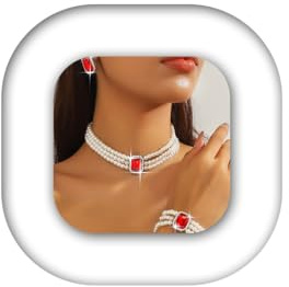 Atigy Perlenketten Set Kristall Halsband Schmuck Set rote Ohrringe Armband Schmuck Set für Damen