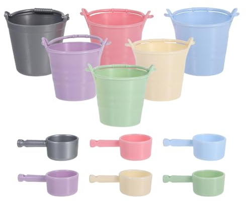 CLISPEED 6 Sets Miniature Dollhouse Buckets with Ladles Small Portable Plastic Water Barrels in Pink Blue Purple Green Gray Friendly Cleaning Tools and Beach Buckets for Summer