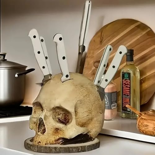 Hosoncovy Resin Skull Shaped Knifes Holder Rack Organizer Countertop Knife Block Skull Decoration