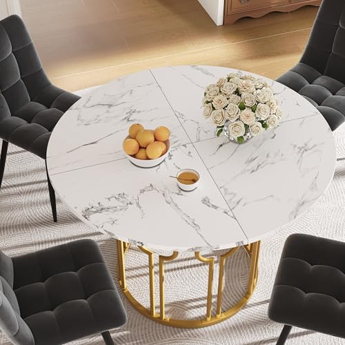 OKMYHOME Runder Esstisch mit MDF-Platte in Marmor-Optik, Gestell aus vergoldetem Metall, 100 x 100 x 76 cm, Weiß und Gold