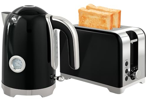 HOMCOM Kettle and Toaster Set with Temperature Gauge, 1.7L 3000W Rapid Boil Jug Kettle with Otter Thermostat, Limescale Filter, 2 Slice Toaster with 7 Browning Controls, Crumb Tray, Black