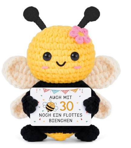 Gleevara 30 Geburtstag Frauen Handgehäkelte Bienenfigur mit Energiekarte | Gleevara Geschenk 30. Geburtstag Frau Männer, Happy Birthday, Geburtstagsgeschenk für Sie Ihn, Pocket Hug