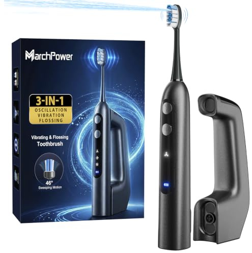 Marchpower 3-in-1 Elektrische Zahnbürste mit Munddusche, Oszillation, Vibration & Wasserflosser, 3+4 Modi, Profi-Schallzahnbürste mit 155ml Magnet-Wassertank, IPX7 Kombigerät 2 Bürstenköpfe, Spacegrau