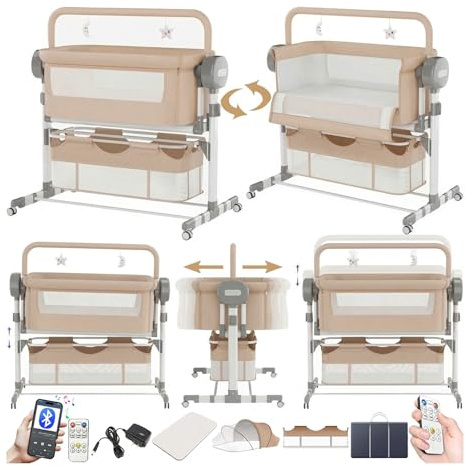 Doraystar Eléctrico Bluetooth Inteligente Cuna Colecho Bebe, Minicuna Colecho Bebe Plegable Convertible, Cuna Next to me con Colchon, Música, 5 Engranajes de Balanceo y Control Remoto (608 Khaki)