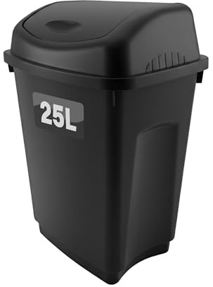 Optimal Products 25 Litre Plastic Swing Bins Home Garage Swing Top Rubbish Waste Bin Office Bedroom Kitchen Paper Dustbin Trash Bin Swing Lid Garden Recycle Bins Black