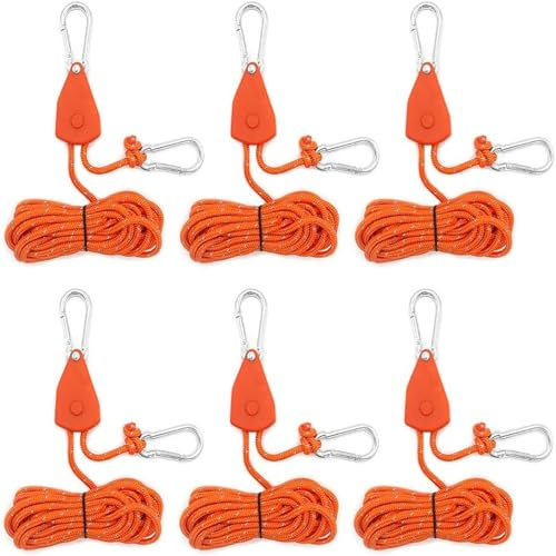 6-teiliges verstellbares, Robustes Seilaufhänger-Set windfesten Befestigungselementen für den Außenbereich, geeignet für Campingzelte, Blumentöpfe, Belüftungsgeräte und Hängeleuchten (4 m, orange)