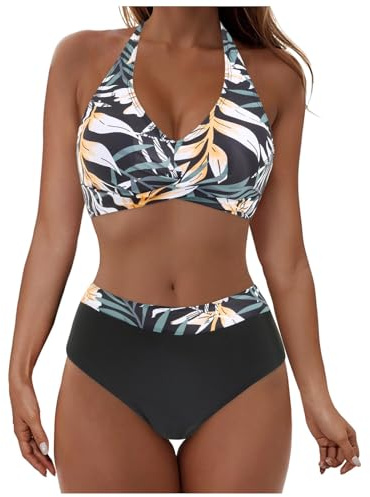 Bikini triangle pour femme - Ensemble push-up sans armatures - Rembourré - Col en V - Taille haute - Dos croisé - Maillot de bain deux pièces - Maillot de bain sportif