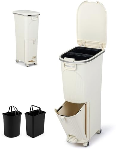 TANGZON Recycling Bins, Trash Can Garbage Bin with 3 Compartments, Wheels, Retractable Pedal, Handles & Stickers, Home Kitchen 2/3 Tier Vertical Waste Separation System (Beige, 43L, 1 Lid)