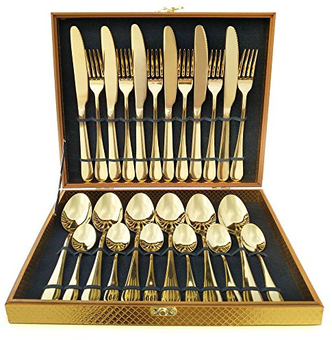 MagicPro - Juego de cubiertos modernos de acero inoxidable dorado de 24 piezas para bodas, festivales, fiestas de Navidad, servicio para 6 personas