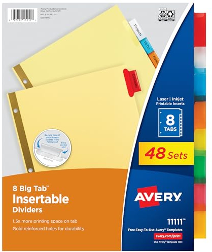 Avery® Big Tab Insertable Dividers, 8-Tab, Multicolor, 48 Sets