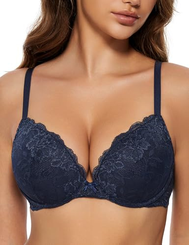 WingsLove Women's Push up Bra Floral Lace Padded Underwire Bra Demi Plunge