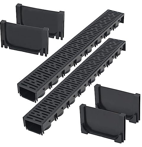 vidaXL 2x Canalette di Drenaggio in Plastica 2 m Nere con Tappi Canale Scolo