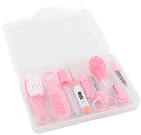 Trousse de Soin de Bébé 9 pcs Pratique Sécuritaire Coupe-Ongles Ciseaux Brosse à Cheveux Peigne pour La Santé du Bébé Des Cadeaux pour Les Enfants (Pink)