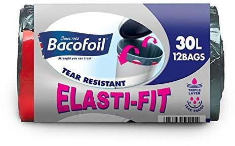 Bacofoil Elasti-Fit Kitchen Bin Liners With Elastic Tie Handles, 30L X 12 Bags