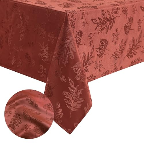 Elrene Home Fashions Elegant Woven Leaves Jacquard Damask Fabric Tablecloth for Fall/Harvest/Thanksgiving, 52 x 52, Spice Red