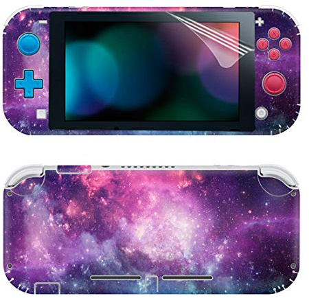 SKINOWN Komplettes Set Frontplatten-Aufkleber für Switch Lite, mit 2 Displayschutzfolien (violetter Sternenhimmel)
