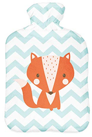 Wärmflasche mit Pullover Bezug 2 Liter Bettflasche mit schönen Fleece-Druck Bezug Gummi Wärmflasche mit Deckel Fuchs [092]