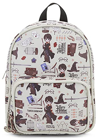 Harry Potter Wizarding World Magic Mini Geldbörse Rucksack mit Hogwarts-Allover-Icon-Print, 26,7 cm, verstellbare Träger, Kunstleder, Cream, Modern