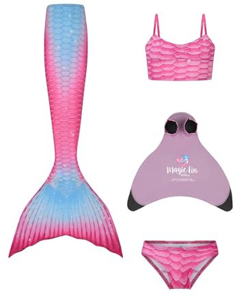 Planet Mermaid Kinder Deluxe Set Lebendige Farbe Meerjungfrau Schwanz Badeanzug für Mädchen Inklusive Schwimmhilfe Magic Fin, Schwanz, Crop Top & Slip Passion Pink, 6-7 Years