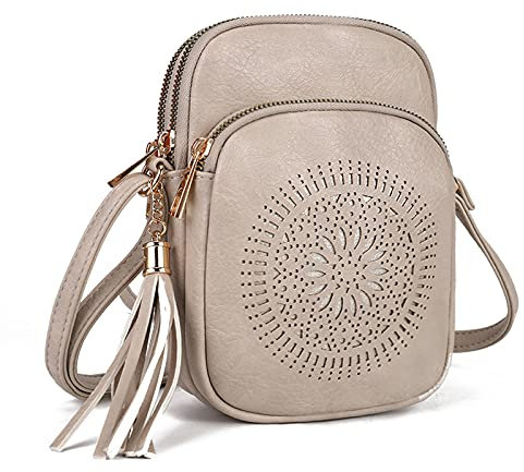 GLITZALL Sac à bandoulière, petits sacs à bandoulière avec plusieurs poches, cartable à pompons ajourés, sacs de téléphone pour femme tendance, beige, Small