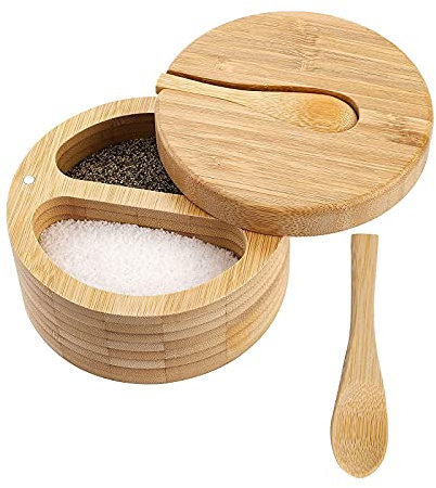 CDIYTOOL Bamboo Seasonings Box with Spoons, 2-Compartment Bamboo Salt and Pepper Box with Swivel Magnetic Lid, Kitchen Spice Cellars Container for Salt Pepper Sugar Spice
