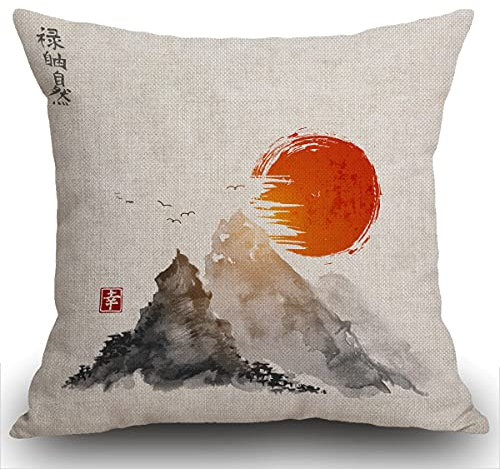 Smooffly Kissenbezüge 45 x 45 cm, Berge und rote Sonne, handgezeichnet mit Tinte in traditioneller japanischer Kissenhülle aus Baumwolle und Leinen, Kissenbezug für Sofa, Outdoor, Bett, Couchkissen