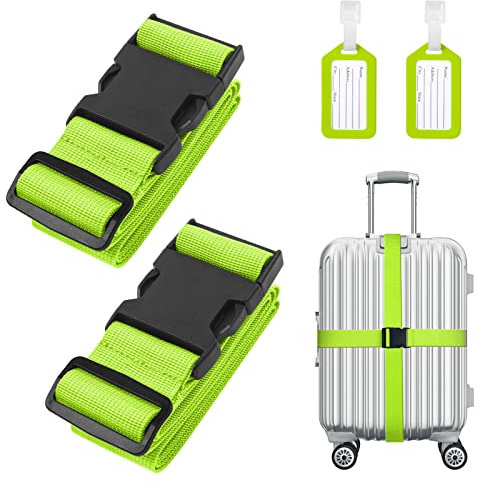 Flintronic 2-Stück Premium Gepäckgurt Koffergurt Kofferband Einstellbare rutschfest Gepäckband Lang kofferbänder Luggage Strap + 2 Stück Kofferanhänger Sicher Reisen für Koffer - Grün