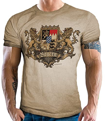 Herren Trachten T-Shirt im Vintage Retro Used Look - Für echte Bayern Fans: Königliches Bayernwappen