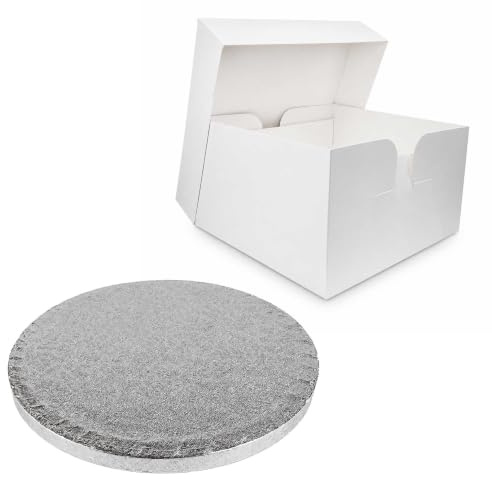LARRYROO Single White Cake Box and Silver Round Board Pack - Thick Drum for Wedding, Party etc (20 Inches)