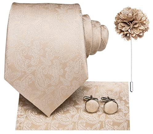 Hi-Tie Seidenkrawatte und Einstecktuch, Manschettenknöpfe, Reversnadel-Set, Jacquard, Hochzeit, Business, Krawatte für formelle Anlässe, aprikose, M