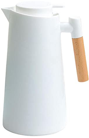 LOVIVER Portable Thermal Insulation Kettle 1L Bottle Heat Retention Wood Handle Household Vacuum for Coffee Carafe Tea Gifts, white