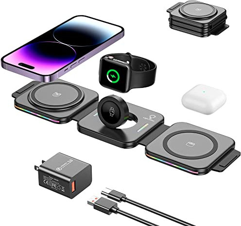 3 in 1 Wireless Charging Station, BOCLOUD Fast Mag-Safe Charger Stand [Portable & Foldable] Charger Pad with Color Light for iPhone 13/14/12/11/XR/XS/8 Series,Samsung S22/21/20, iWatch, AirPods