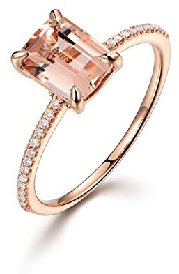 18K Rose Gold Women Engagement Ring, Engagement Ring Rectangular Morganite 1.35Ct White Diamond 0.18Ct Champagne Morganite Wedding-Bands Size J 1/2