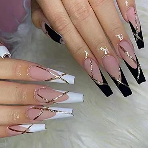 JUSTOTRY 24 Stück Swirl Press on Nails Lang, Schwarz und Weiß French Künstliche Nägel, Ballerina Kunstnägel Nägel Zum Aufkleben mit Nagelkleber, Coffin Fingernägel Fake Nails für Frauen