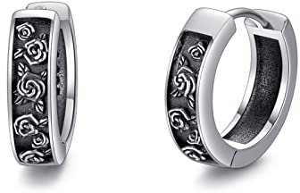 Rose 925 Sterling Silber Creolen Damen - Kleine Schwarz Schlafen Kreolen Ohrringe Klapp - Ohrschmuck Geschenk für Frauen
