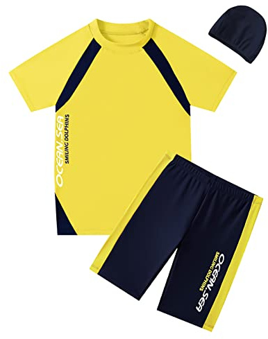 BASADINA Boys Swimsuits Short Sleeves 2 Piece Sunscreen Swimming Costume Boys Swimwear 4-14 Years