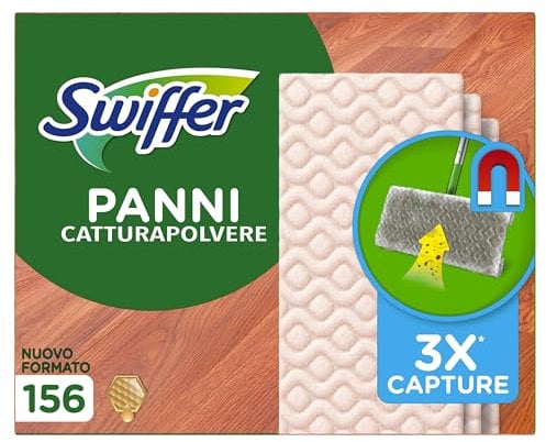 Swiffer Panni Catturapolvere, 156 Microfibra Dry Parquet, Cattura Sporco, Ottimo per Tutti i Tipi di Pavimenti e per i Peli di Animali, Maxi Formato, Fibre Riciclate